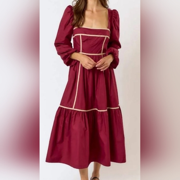 Lalavon Dresses & Skirts - Square-Neck Burgundy Long Sleeve Tiered Dress with Contrast Trim